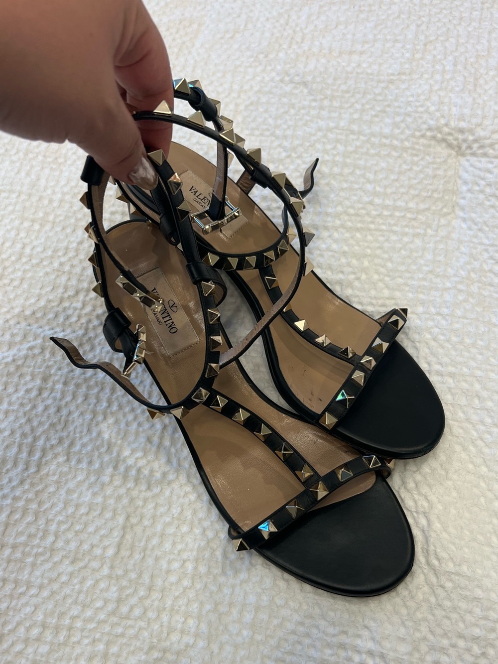 Valentino Black Leather Rockstud Strappy Sandals